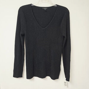 Alfani Top Medium Ribbed Black Glitter Black V-Neck Stretch Long Sleeve NWT